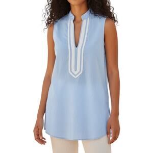 Top Hat Imagewear Blue Linen Tunic Size 4 White Trim Sleeveless Spa Top